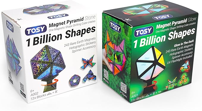 TOSY Magnet Pyramid - 1 Cube Transforms into 1 Billion Shapes (Bunny, Egg Basket, Flowers, Heart), Easter Valentine Gift, 12 pcs, 243 Magnets, Glowing, Holographic Design, Puzzle/STEM Toy, Mixed Set