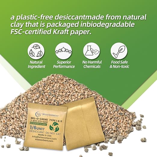 1/6U Kraft Clay Desiccants Packs for Storage - Silica Gel Packets Alternative, 6 Gram Food Safe Bentonite Clay Desiccant Bags, Military Grade Highest Moisture Absorbers [30 Pack]