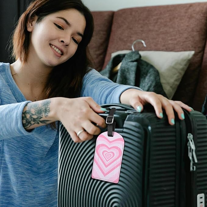 2 Pack Luggage Tag Suitcase Tags PU Leather Identifiers Privacy Cover Luggage Tags Aesthetic Cute Travel Bag Labels for Women Girls Men-Pink Heart