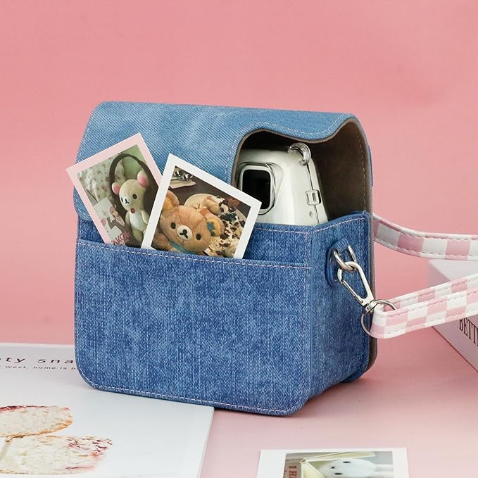 Frankmate Protective Case Compatible with Fujifilm Instax Mini SE/7+ Camera, Sweetheart Denim Camera Bag with Pocket and Adjustable Shoulder Strap