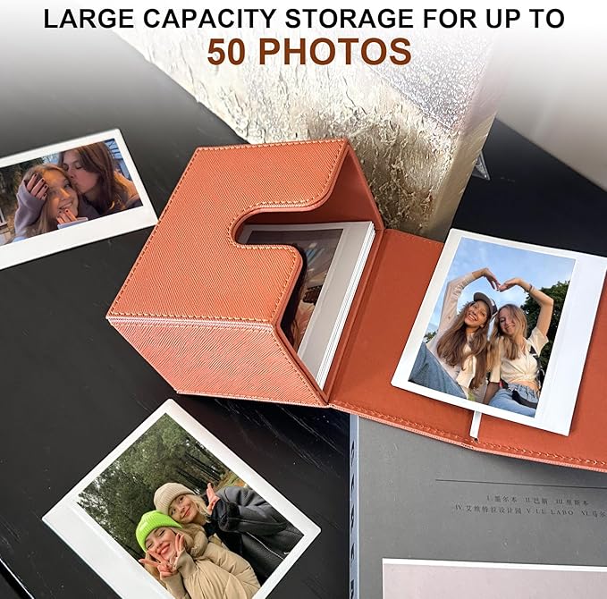 CAIYOULE Picture Holder Case for Fujifilm Instax Wide/EVO/Wide 400/300/210/Polaroid I-Type/Now/OneStep/GO Instant Camera Films, Photo Storage Box with Photo Pouch Can Hold 50+ Films, Brown