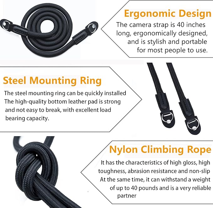 Camera Shoulder Strap - Climbing Rope Neck Strap for Mirrorless & DSLR Cameras, with Lens Cap Keeper (Black)