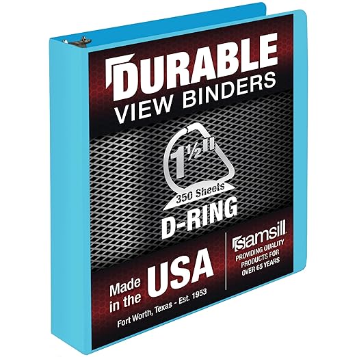 Samsill Durable 1.5 Inch Binder, Made in The USA, D Ring Binder, Customizable Clear View Cover, Sky Blue, Holds 350 Pages