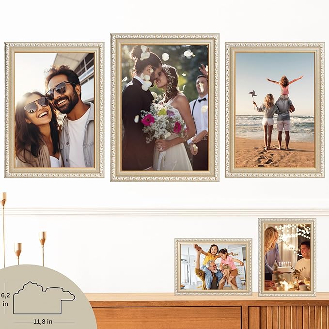 VictoR Picture Frame Chagall 8x12 Beige Gold - Vintage Picture Frames with Shutterproof Acrylic Glass - 8 x 12 Photo Frame - Beige Picture Frames - Antique - only for hanging