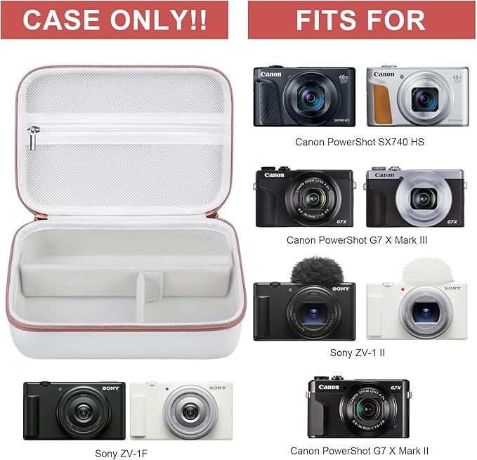 BOVKE Carrying Case for Canon G7X Mark III Mark II, PowerShot SX740 SX730, Sony ZV-1 II/ZV-1F Compact 4K Vlogging Digital Camera Travel Storage Bag for Tripod Microphone Cameras Accessory, White