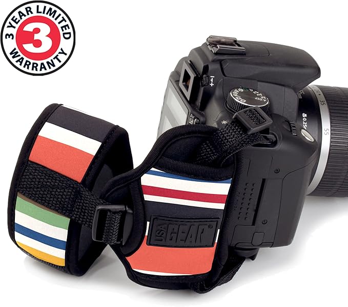 USA Gear DualGRIP Professional Grip Camera Hand Strap with Neoprene Design and Metal Plate - Compatible with Canon, Fujifilm, Nikon, Sony, and more DSLR, Mirrorless, Point & Shoot Cameras (Striped)