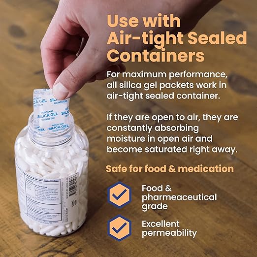 Wallaby 2 gram (500 Packets) Food Safe Pure White Silica Gel Desiccant Dehumidifier Packs - Rechargeable & Coated Moisture Absorbers - Protects Against Moisture Damage - (Packed in 100x Sets of 5)