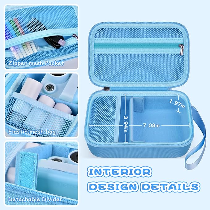 Kids Instant Print Camera Case for Dylanto/for Gofunly/for DUDUDRAGON/for ESOXOFFORE, Digital Video Camera Storage Box with 3 Roll Papers, Hold for Color Pen and Accessories (Bag Only)- Blue