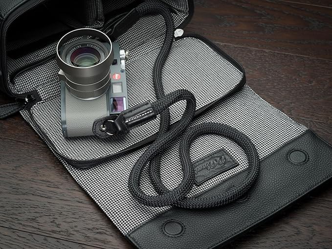 Vi Vante Sheetline Black Rope Camera Strap w/Nappa Leather Ends built in tension relief & electroplated key rings (Black w/White Stitching)