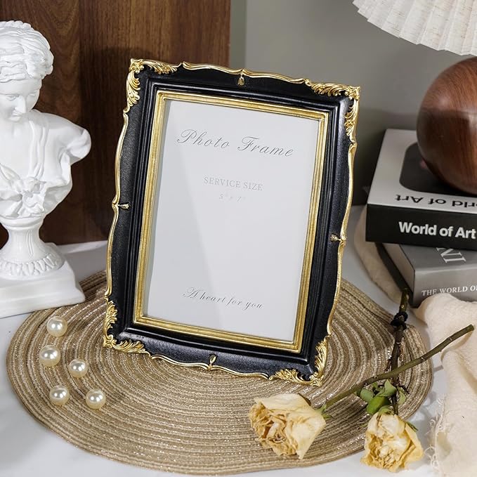 Cuspin 5x7 Picture Frame Black and Gold Frames, Vintage Ornate Textured Hand-Crafted Resin Photo Frame with Glass Front, Decorative Picture Frame for Wall & Tabletop, Retro Frame Home Decor
