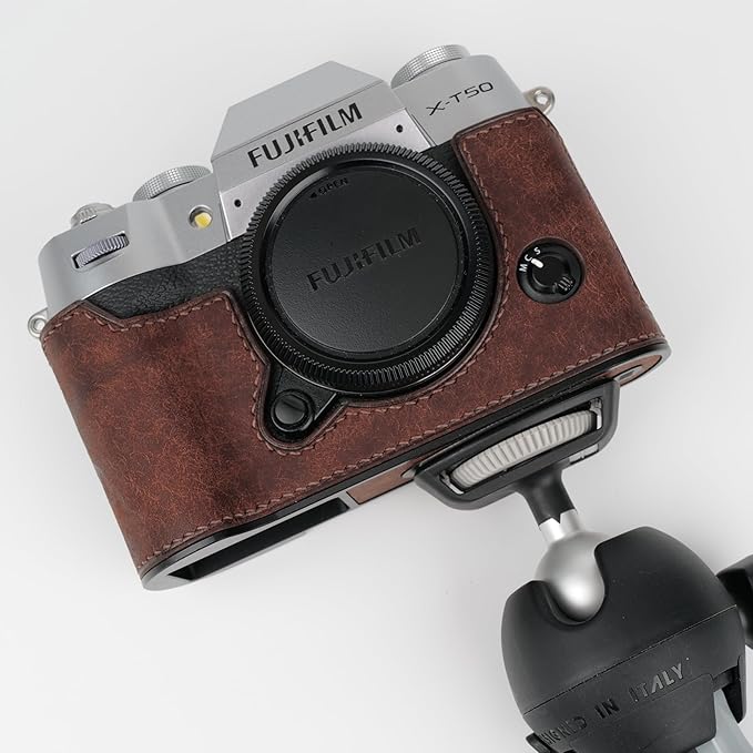 Handmade Genuine Leather Camera Half Case for Fujifilm X-T50 - Top Layer Cowhide Body + Metal Base Plate - Hand Shank Free Design (Dark Brown)