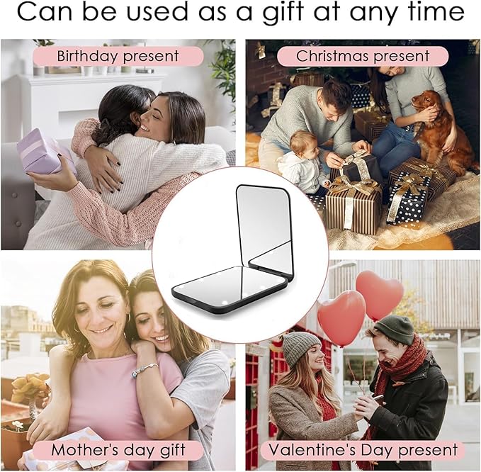 Compact Mirror, 1x/3x Magnification Mini Mirror for Purse, Pocket, Handheld, Stocking Stuffers, Travel Makeup, 2-Sided Foldable, Small Mirror with Led Lights