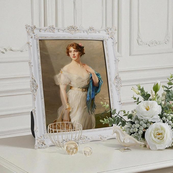 8x10 inch Vintage Photo Frame,Black White Pink Wood Gold Color Hand-Crafted Resin Picture Frame with Easel & Hook, Home Décor for Tabletop Wall Hanging Rahmen Photo Frame (White)