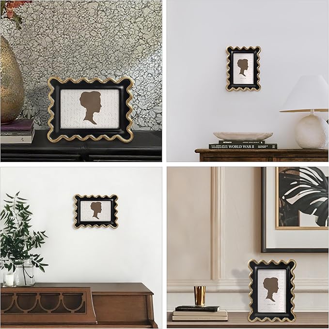 AELS 4x6 Inch Vintage Scalloped Picture Frame, Mid Century Modern Antique Photo Frames with Glass Front, Photo Display, Tabletop Wall Hanging, Black