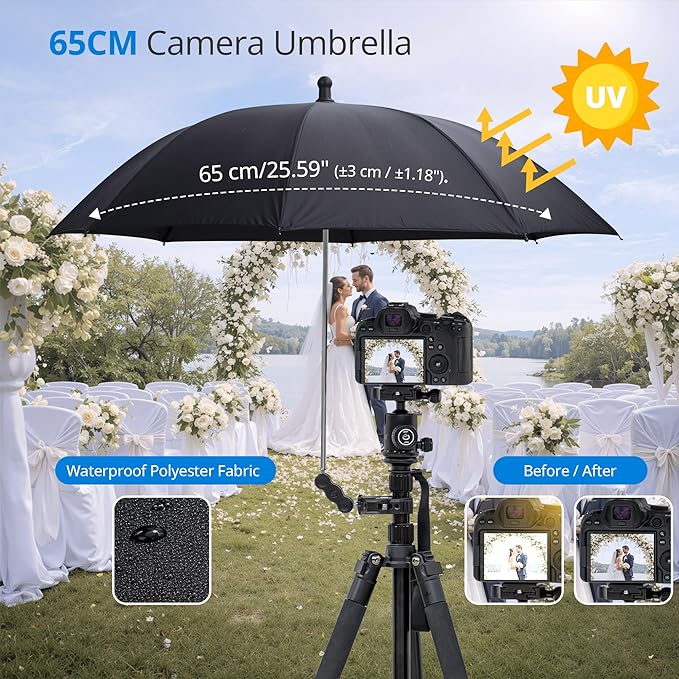 65CM/25.59" Camera Tripod Umbrella with Super Clamp, 360° Adjustable Camera Rain Cover Sun Shade Weather Guard Umbrella for Canon Nikon Sony Fujifilm Xbotgo Cameras Outdoor Photographing Filming