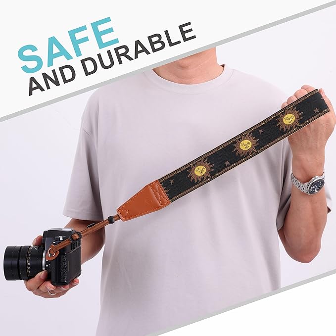 Padwa Lifestyle Sun God Camera Strap - 2" Full Grain Leather Ends, Vintage Sun Face Camera Straps for Photographers, Soft Chamois Velvet Padded Strap Quick Release fits All Cameras