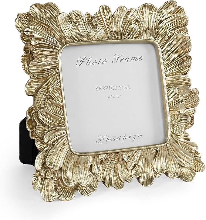 Cuspin 4x4 Picture Frame Gold Square Frames, Vintage Gold Resin Photo Frame Palm Leaves Textured with Glass Front for Wall Hanging and Tabletop Display Home Decor