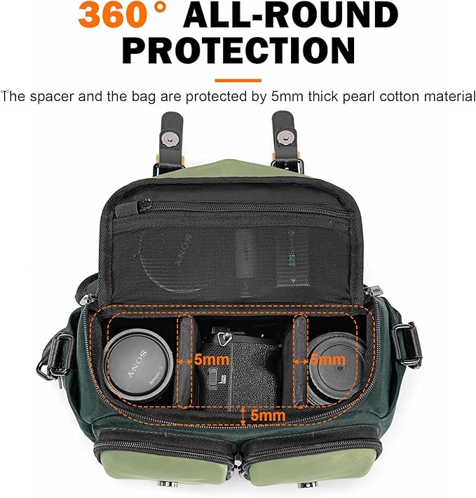 Cwatcun Camera Bag, Waterproof Flap Camera Crossbody Shoulder Messenger Case with Tripod Holder, Travel Photography Bag for Canon, Nikon, Sony, Fuji DSLR/SLR/Mirrorless Camera, Lens - Green, M