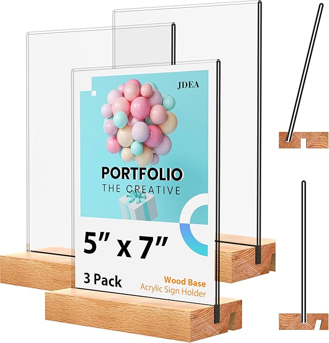 JDEA 5x7 Inch Acrylic Sign Holder with Wood Base Vertical and Slant Displays(3 Pack 5*7")