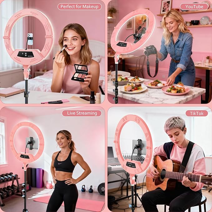 22" Large Ring Light with Stand,Foldable LED Big Ring Light Tripod for iPhone Phone Ipad, 75" Tall Tripod Touch Screen,Wireless Remote for Live Stream,YouTube,TikTok Video Shooting Pink