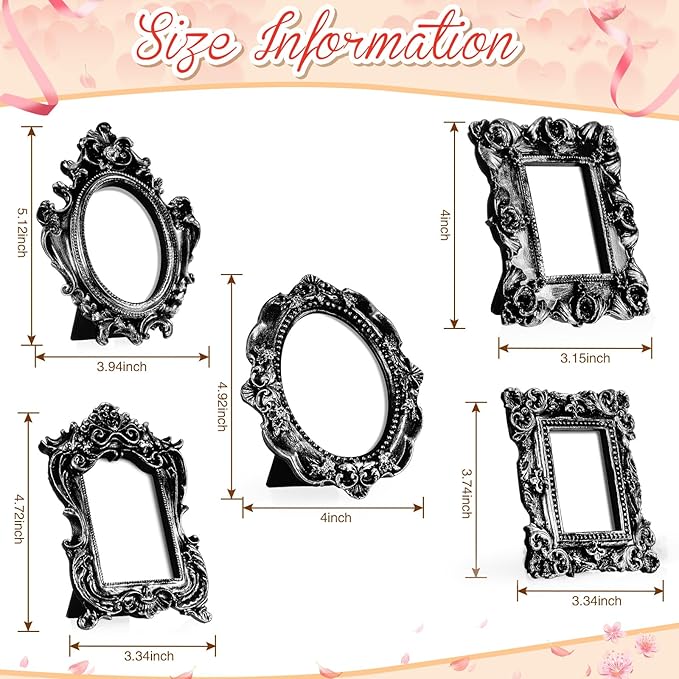 Maitys 15 Pcs Mini Picture Vintage Frames with Stands Tiny Antique Photo Baroque Ornate Resin Oval Frame Table Top Display Home Wedding Decor (Black Silver)