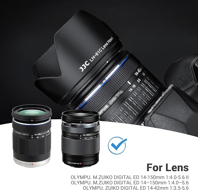 JJC LH-61C Lens Hood Shade for Olympus Zuiko 14-42mm f/3.5-5.6, M.Zuiko Digital ED 14-150mm f/4.0-5.6 and 14-150mm f/4.0-5.6 II Lens, Reversible and Compatible with 58mm Filter & Cap