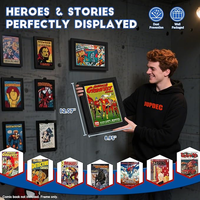 JupDec Comic Book Frame, Premium Wood Display Case for 6 11/16" × 10 3/16" Comic, Wall Mount or Tabletop Stand, Layered Design with Positioning Mat, Perfect for Home Decor, 4 Pack, Black