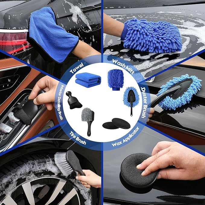 45Pcs Car Detailing Kit, Car Detailing Brush Set, Car Wash Cleaning Kit, Car Detailing Brushes, Professional Car Care Kit for Interior Exterior Wheels, Blue