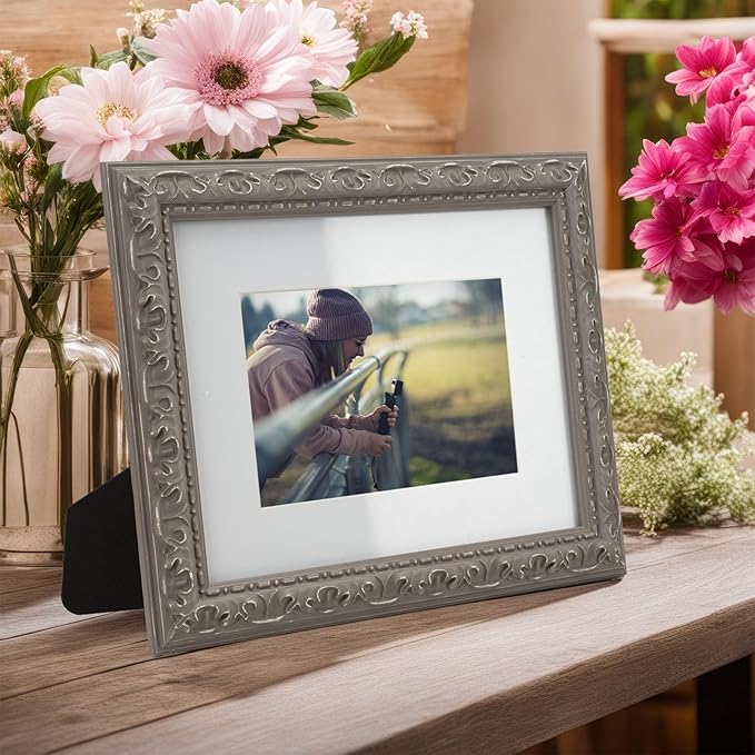 8x10 inch Distressed Wood Embossed Scroll Motif Vintage Antique Rustic Picture Frame, White Mat for 5x7 in Photo, Art Print Drawing, Wall Hanging or Desktop Display-Beige Grey
