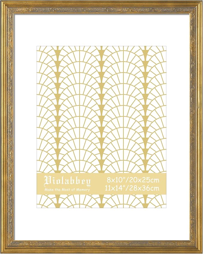 VIOLABBEY 11x14 Matte Gold Picture Frame, Display 8x10 Photo with Mat or 11x14 without Mat, Ornate Vintage 11 x 14 Matte Gold Frame for Wall Decor or Tabletop Display