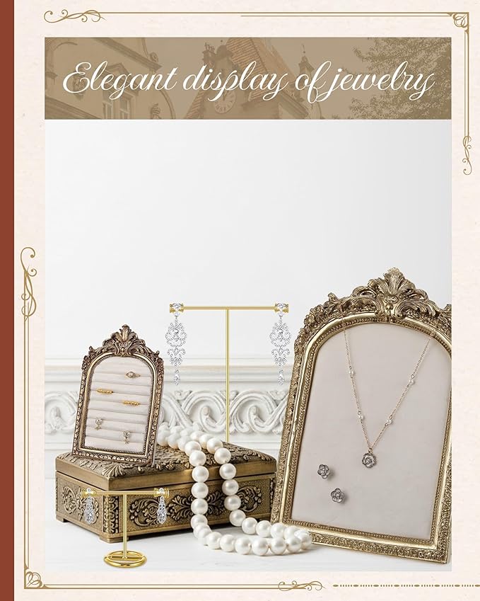 Gold Vintage Jewelry Display Set Velvet Jewelry Frame Ring Holder Earring Bracelet Stands Necklace Organizer Mirror Tray Photo Props for Women Gifts Selling Wedding Decor(5 Pcs,Ornate)