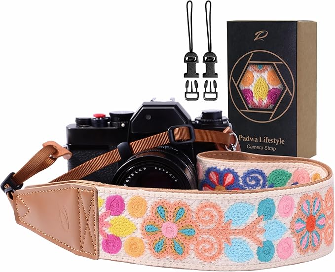 Padwa Lifestyle Colorful Crochet Camera Strap - 2" Full Grain Leather Ends Camera Straps for Photographers, Vintage Woven Cotton Soft Suede Fabric Padded Strap with Quick Release fits All Cameras
