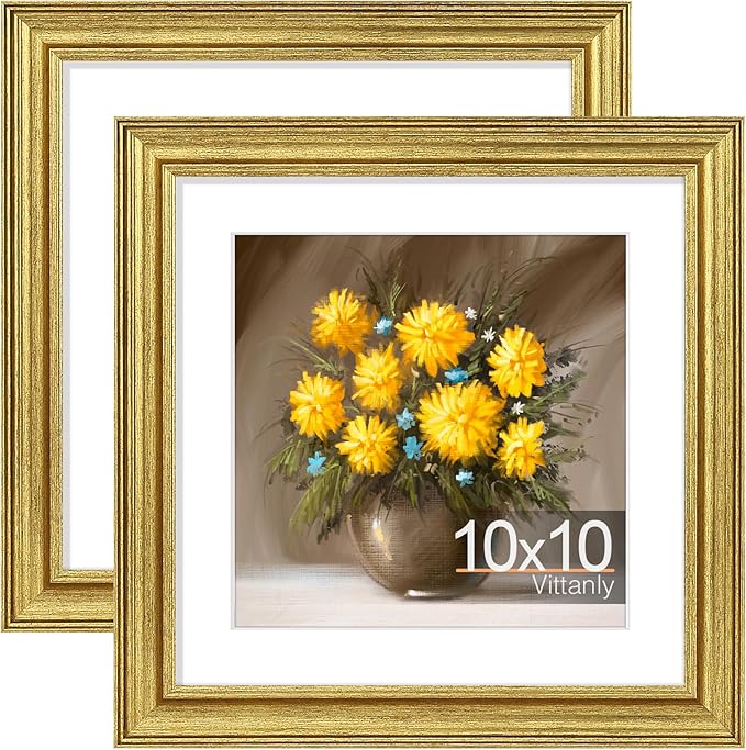Vittanly 10x10 Picture Frames Set of 2, Ornate Vintage Photo Frame for Wall or Tabletop, Display 8x8 Pictures with Mat or 10x10 without Mat, Rustic Gold