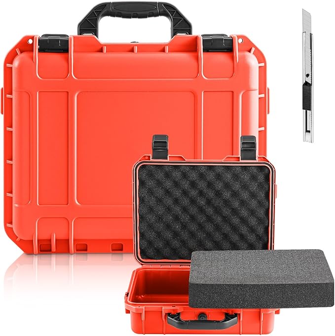 Relaxweex 1 Pcs 8.5 x 6.5 x 3.7 Inch Waterproof Hard Case with DIY Customizable Foam Insert Portable Protective Case with Knife for Camera Drones Equipments Tools Test Instruments (Reddish Orange)