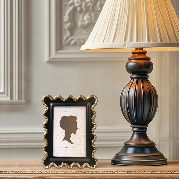 AELS 4x6 Inch Vintage Scalloped Picture Frame, Mid Century Modern Antique Photo Frames with Glass Front, Photo Display, Tabletop Wall Hanging, Black