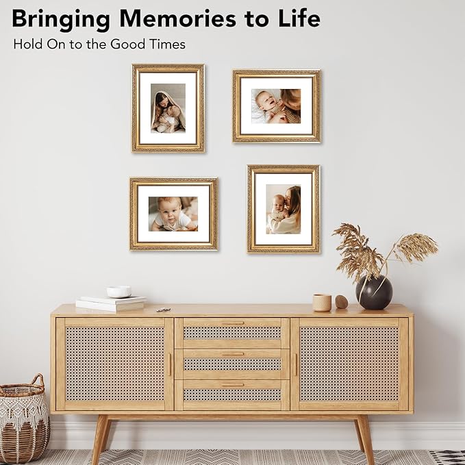 8x10 Vintage Picture Frame with 5x7 Mat Set of 2, Elegant Retro 8 by 10 Photo Frame with Shatter-Resistant Plexiglass for Wall or Tabletop Display, Gallery Decor & Gift, Gold, 2 Pack