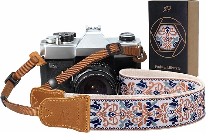 Padwa Lifestyle Camera Strap - 1.5" Crazy Horse Cowhide Head Cotton Strap,Vintage Embroidery Camera Straps for Photographers and All Cameras,Cute Adjustable Shoulder Neck Strap for Adults & Kids