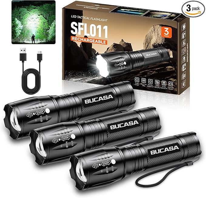 3 Pack Rechargeable Flashlights High Lumens, Brighter Small Flashlight Powerful Tactical Flashlights Rechargeable, Waterproof LED Flashlight with 3 Modes Zoomable for Camping Emergency