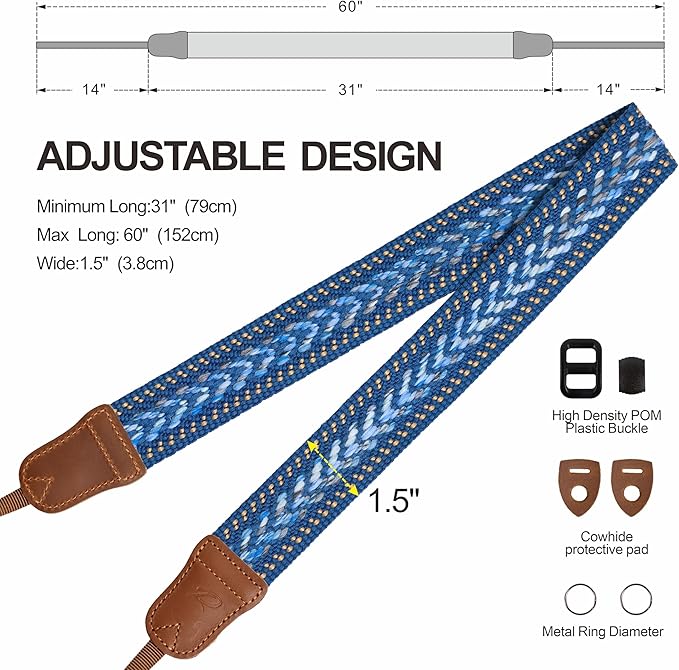 Padwa Lifestyle Speed Blue Camera Strap - 1.5" Soft Cotton Rope Weave Crazy Horse Cowhide Head Camera Straps for Photographers and All Cameras,Cute Adjustable Vintage Woven Strap for Adults & Kids