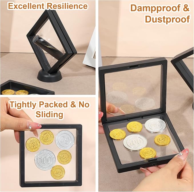 4 Pcs Floating Display Case Challenge Coin Holder Stand 3D Floating Frame PE Film Jewelry Storage Box Coins Black 3D Float Display Case for Antique Challenge Coins Medallion Shells 4.33x4.33 Inch