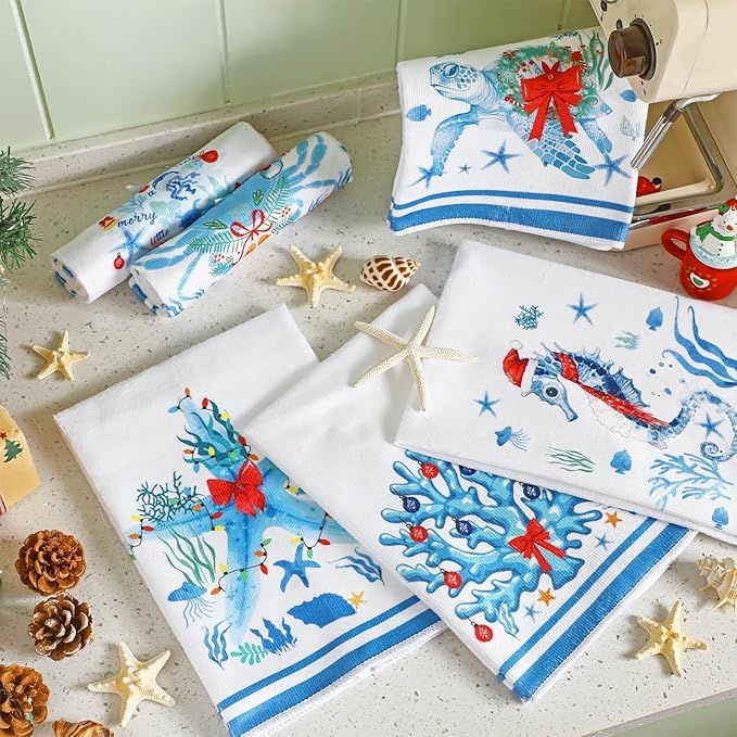 Preboun 6 Pcs Christmas Kitchen Towels Beach Coastal Christmas Decor Ocean Decorative Hand Towels Blue Red Dish Cloth Farmhouse Tea Cloth Kitchen Accessories Bathroom Decor Holiday