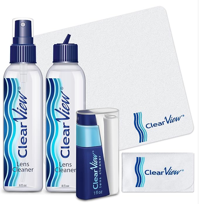 Clear View Lens Cleaner Kit | 2 x 8oz Bottles, 1 Travel Spray (1oz), 3 Premium Microfiber Cloths | Safe for All Lenses, Coatings & Screens