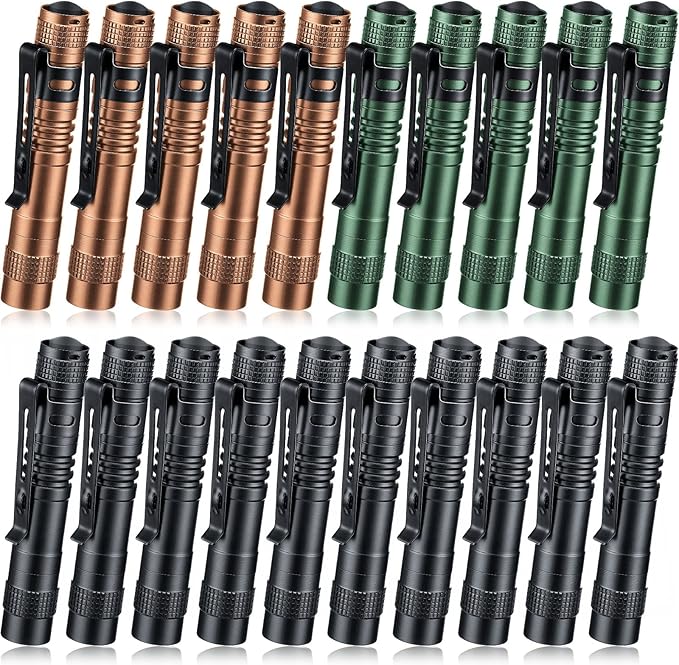 Hortsun 20 Pcs Mini Pen Light Flashlights Pocket Flashlights Pen with Clip Small LED Handheld Slim Torches for Christmas Gift Without Battery, 3.54 Inch (Black, Brown, Green)