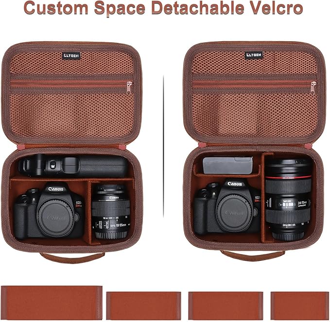 Camera Case Compatible with Canon EOS Rebel T7/R50/R6 Mark II/R100/R50 V/T6/R8/R10/R5 Mark II/RP/R7/5D Mark IV/SL3/R5/T100 DSLR SLR Camera, Len and Tripod with 4 Dividers and Shoulder Strap, Brown