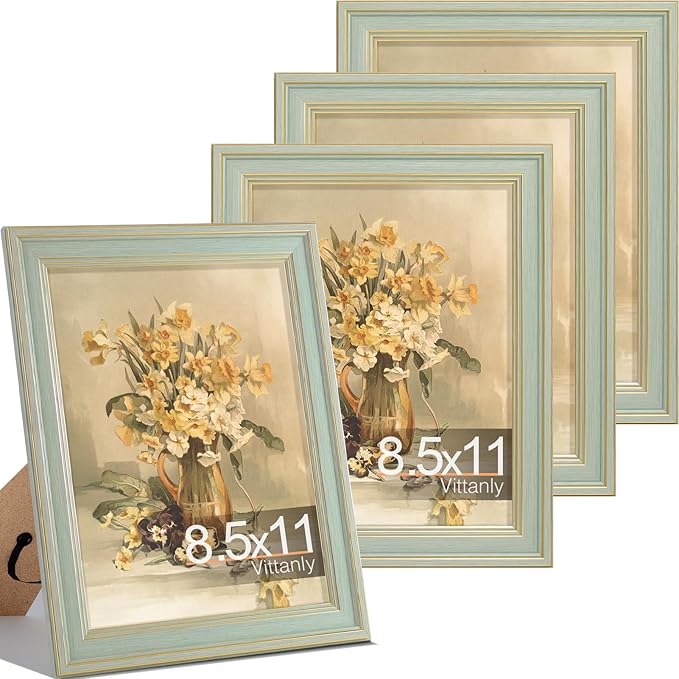 Vittanly 8.5x11 Picture Frame Set of 4, Vintage Photo Frame for Wall Mount, Display 6x8 Pictures with Mat or 8.5x11 without Mat, Rustic Farmhouse Home Decor, Light Green