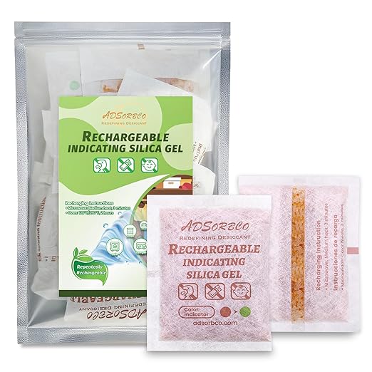 ADSorbco 50 Gram (16 Pack) Silica Gel Packets – Desiccant Packs for Storage, Reusable Moisture Absorbers with Color Change, Orange to Green, for Food, Electronics, Jewelry, Safes