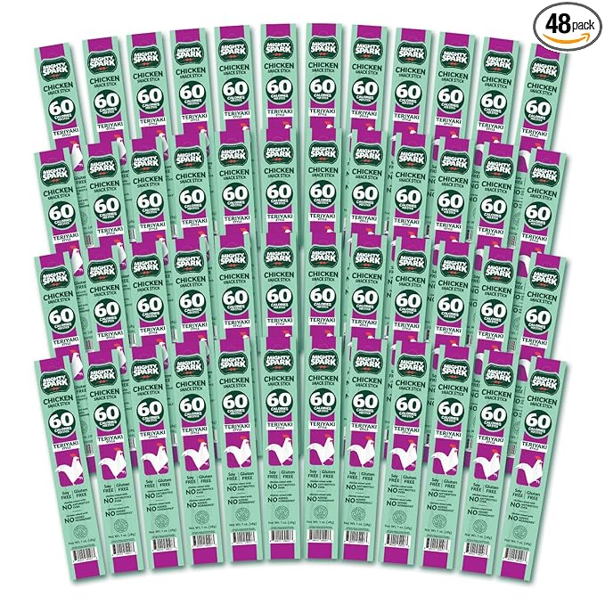 Mighty Spark Chicken Snack Sticks - Teriyaki - 5g of Protein, No Hormones Added, Gluten Free, Soy Free Meat Sticks - High Protein Keto Snacks, Weight Watchers Approved Snacks - 48 Count