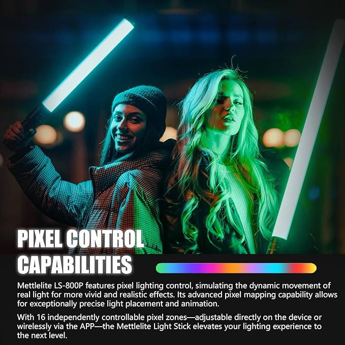 Mettlelite LS800P RGB Pixel LED Light Stick, Handheld Full Color RGBWW Continuous Output 3.2 ft with APP Control, 2800K-8000K, Customizable Pixel Light Effect, CRI97+ TLCI98+ Rechargeable Video Light