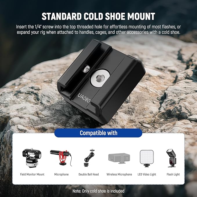 NEEWER Cold Shoe Mount Adapter Set (2 Pack), 1/4" Screw, Spring Loaded Anti Off Pins for ARRI, Compatible with DJI Mic Transmitter, Flash, Monitor Mount, LED Panel Light, Magic Arm, Tripod, UA080