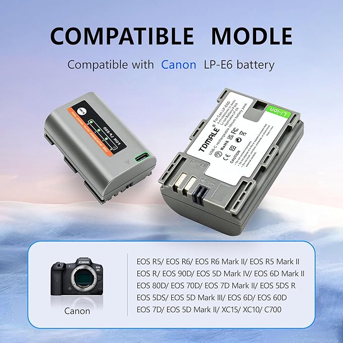 1-Pack 2600mAh Replacement Battery for LP-E6NH LP-E6N LP-E6 with Type-C Direct Charging Port Compatible with Canon EOS R R5 R6 R7 5D 6D 7D Mark II III IV, 90D 80D 70D Camera
